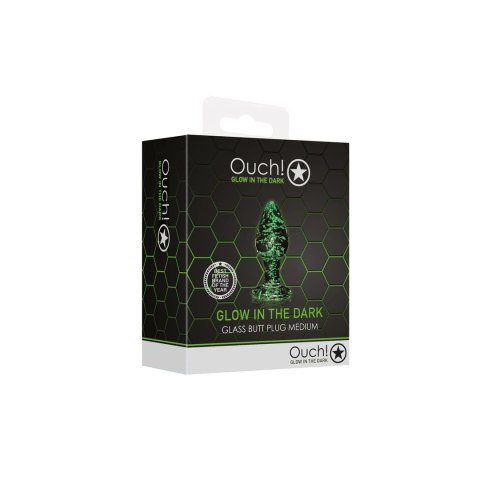 Ouch! Glow in the Dark Szklany korek intymny świecący średni zielony
