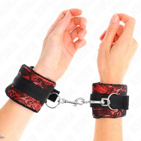 KINK Krotkie zapinane opaski na nadgarstki z aksamitu i koronki czerwono-czarne 23x6,5cm KINK