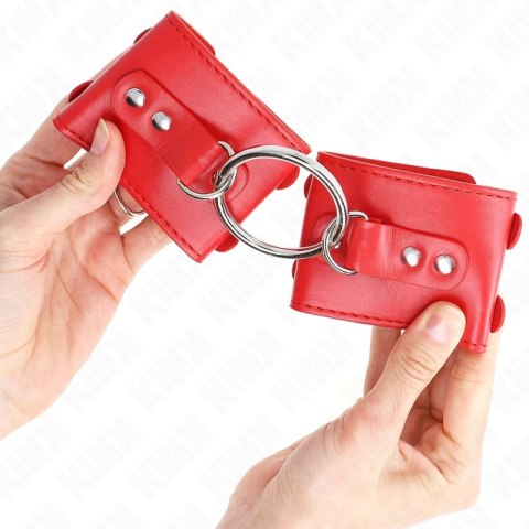 KINK Stalowe mankiety na nadgarstki regulowane z pierścieniem i ćwiekami czerwone KINK