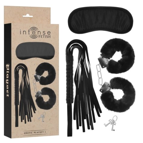 Intense Fetish Zestaw Akcesoriow - Kajdanki, Opaska, Flogger, Skora wegańska INTENSE