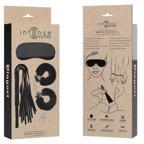 Intense Fetish Zestaw Akcesoriow - Kajdanki, Opaska, Flogger, Skora wegańska INTENSE
