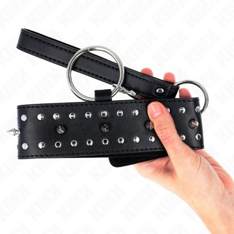 KINK Obroża z Smyczą 65 cm, Srebrne Ćwieki, Regulowana 36-43 cm x 5 cm KINK