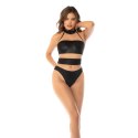 Leg Avenue Halter Bodysuit S beżowo-czarny z siateczką i ekoskorą Mapale