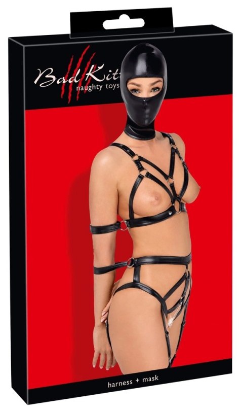 Bad Kitty Zestaw Skorzanych Uprzęży z Maską na Głowę L, czarny Bad Kitty