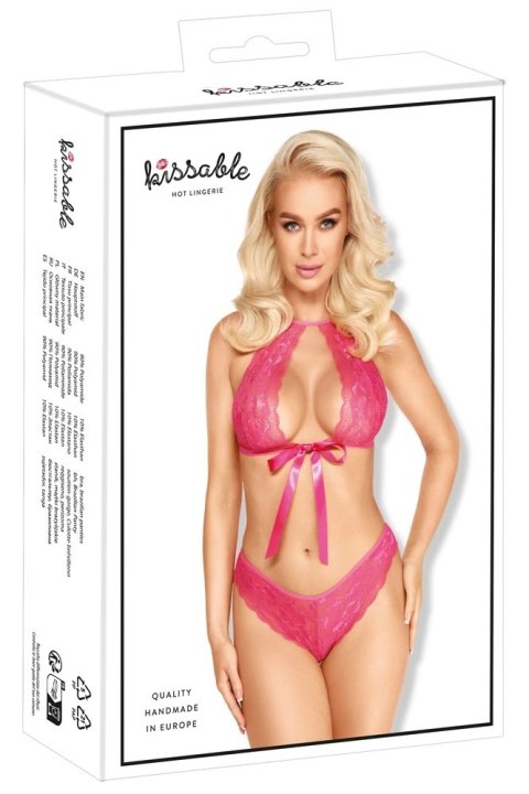Kissable Komplet Damski Koronkowy Rożowy z Satynową Kokardką L/XL Kissable