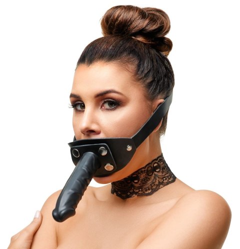 ZADO Double Gag System Skorzany z Paskiem na Głowę Czarny 13 cm ZADO