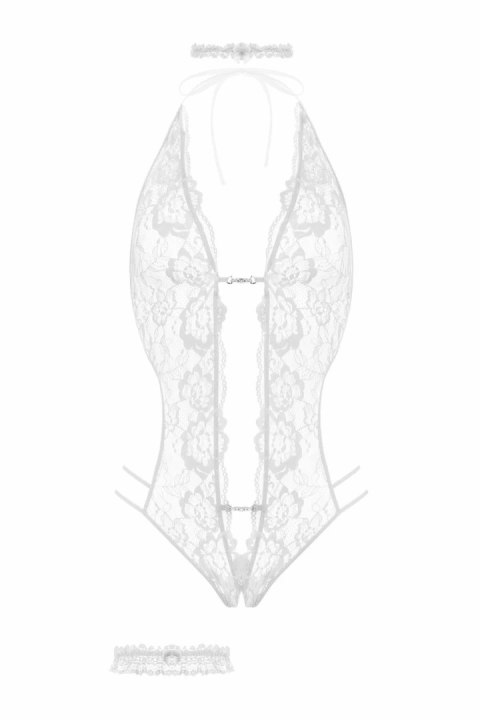 Passion Body Renee White - Koronkowy Body z Kwiatowym Wzorem, Biel S/M Christine