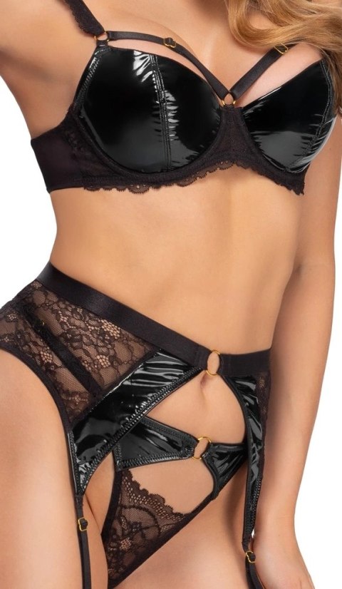 Cottelli Lingerie komplet 3-częściowy 85B/L czarny koronka i winyl Cottelli