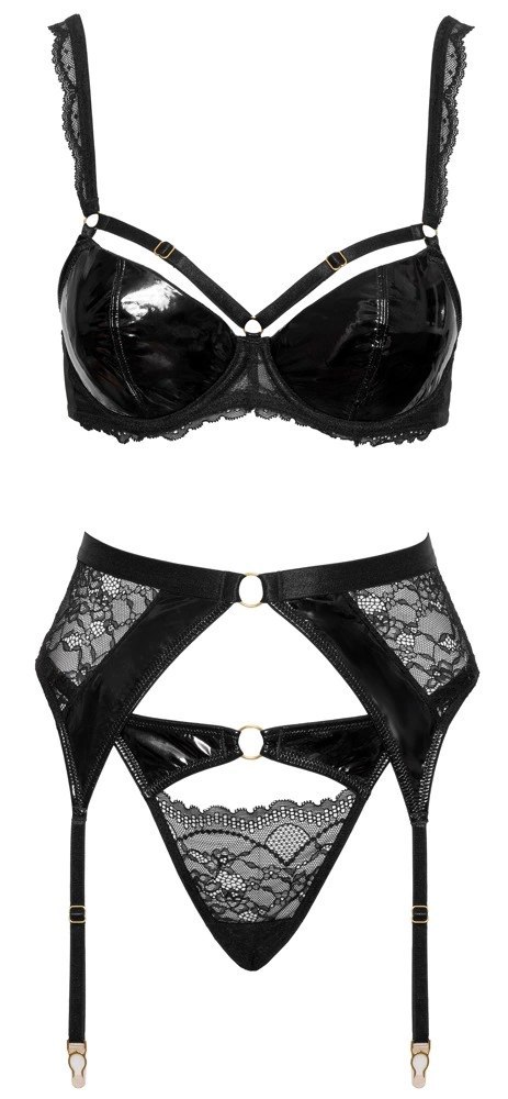 Cottelli Lingerie komplet 3-częściowy 85B/L czarny koronka i winyl Cottelli