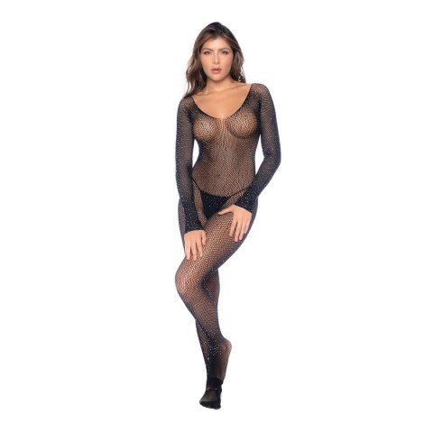 Leg Avenue Body z Siatki z Długim Rękawem i Kryształkami Czarny One Size Mapale