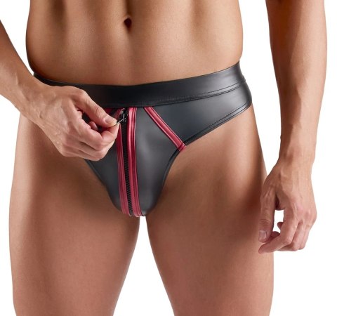 Svenjoyment M Thong S czarny wetlook z czerwonymi paskami, zamek, S Svenjoyment
