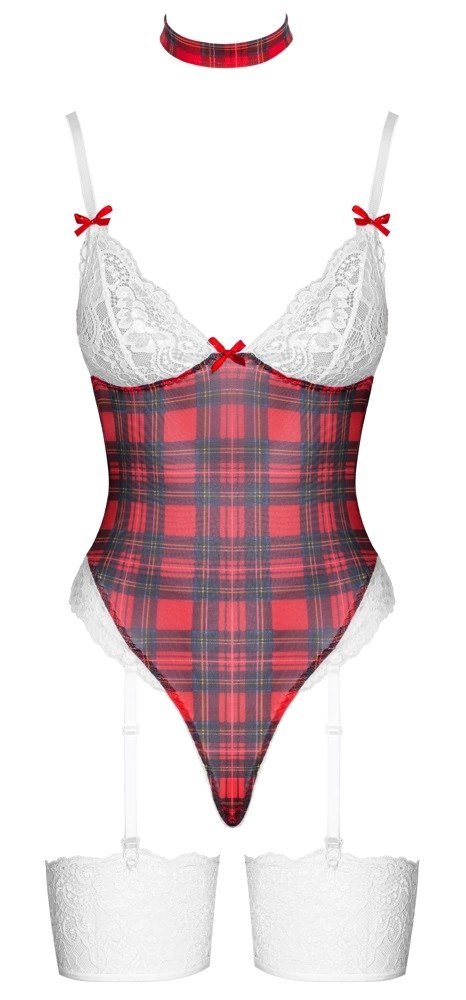 Cottelli Lingerie Body Plaid S z chokerem i koronką, biało-czerwony