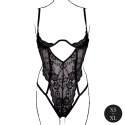 Obsessive Bodystocking koronkowy z fiszbinami, otwarty, czarny, uniwersalny