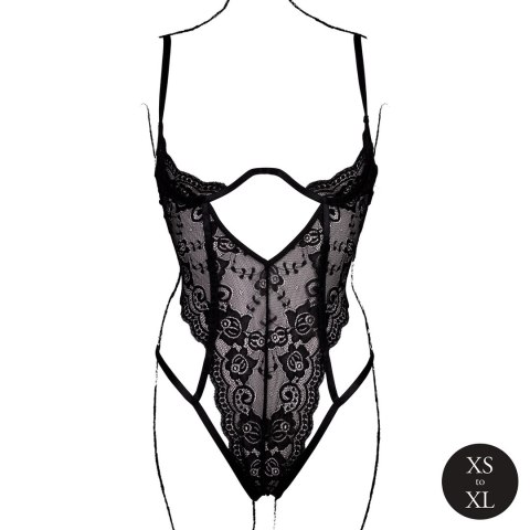 Obsessive Bodystocking koronkowy z fiszbinami, otwarty, czarny, uniwersalny