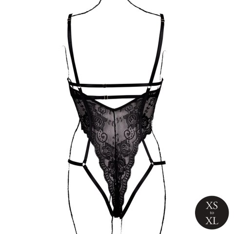 Obsessive Bodystocking koronkowy z fiszbinami, otwarty, czarny, uniwersalny
