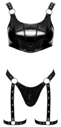 Black Level Komplet Winylowy Top, Stringi i Pas do Pończoch M Czarny