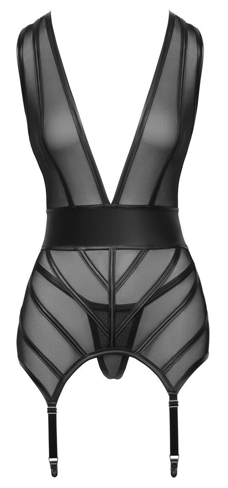 Cottelli LINGERIE Czarna koszulka z paskami do pończoch i stringami S