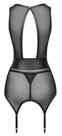 Cottelli LINGERIE Czarna koszulka z paskami do pończoch i stringami S