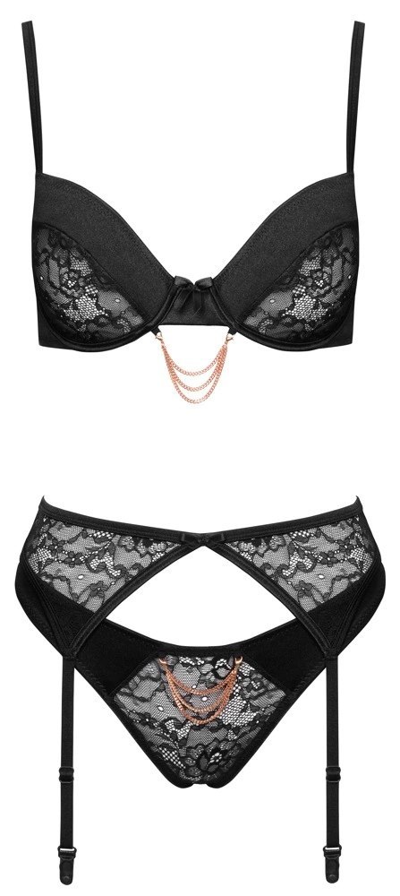 Cottelli Lingerie Komplet Koronkowy Czarny 85C/L z Paskiem do Pończoch