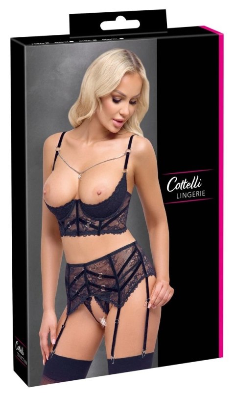 Cottelli Lingerie komplet koronkowy 3-częściowy czarny 90B/XL