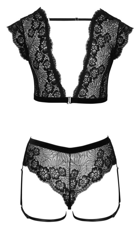 Cottelli Lingerie komplet top i majtki bez krocza czarny M koronka