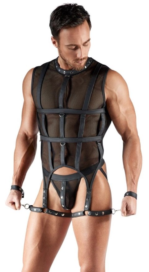 Svenjoyment Bondage koszulka siateczkowa z uprzężą i kajdankami L czarna