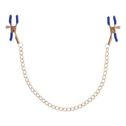 Sportsheets Cougar Złote Zaciski z Łańcuszkiem i Niebieskimi Końcowkami