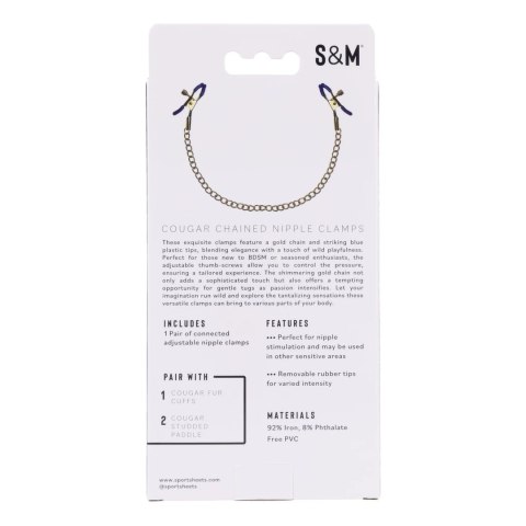 Sportsheets Cougar Złote Zaciski z Łańcuszkiem i Niebieskimi Końcowkami