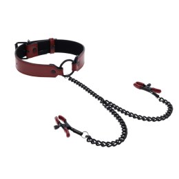 Sportsheets Saffron Collar regulowana obroża z łańcuszkiem czerwono-czarna