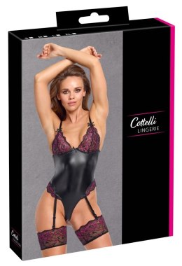 Cottelli Lingerie Body z Pasami do Pończoch i Koronką, L, Czarny/Rożowy