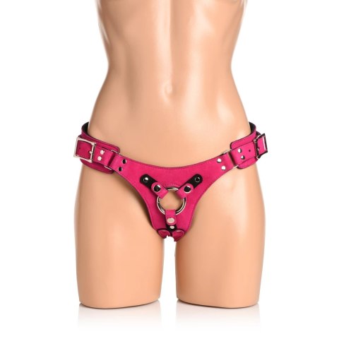 XR Brands skorzana uprząż gorsetowa z regulacją i o-ringiem