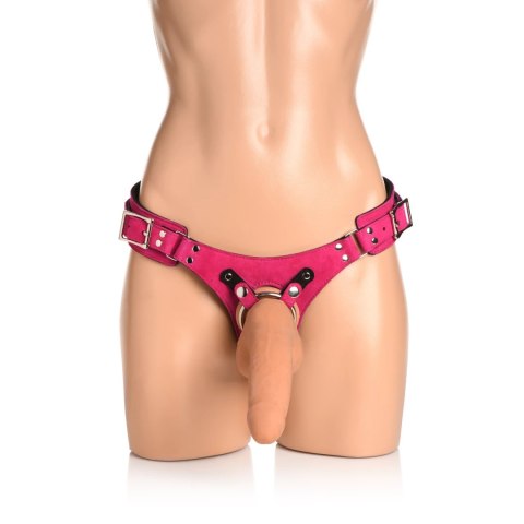 XR Brands skorzana uprząż gorsetowa z regulacją i o-ringiem