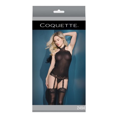 Coquette Top Halter Przezroczysty z Koronką i Pończochami S/M