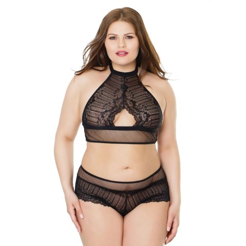 Coquette Top halter z siateczki i sznurowane spodenki plus size czarne