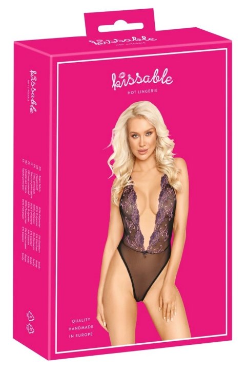 Kissable Body L/XL z haftem kwiatowym, czarne z rożowo-fioletowym akcentem