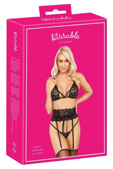 Kissable Komplet Koronkowy z Paskami do Pończoch Czarny L/XL