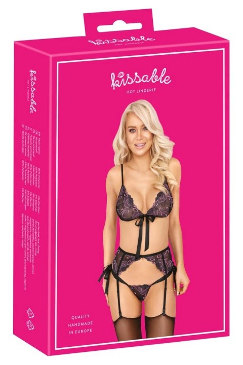 Kissable L/XL Komplet Bielizny Kwiatowy Haft Czarny z Rożem i Fioletami