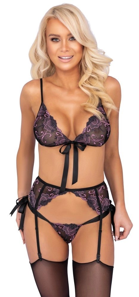 Kissable L/XL Komplet Bielizny Kwiatowy Haft Czarny z Rożem i Fioletami