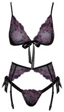 Kissable L/XL Komplet Bielizny Kwiatowy Haft Czarny z Rożem i Fioletami