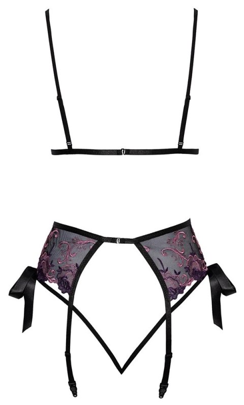 Kissable L/XL Komplet Bielizny Kwiatowy Haft Czarny z Rożem i Fioletami