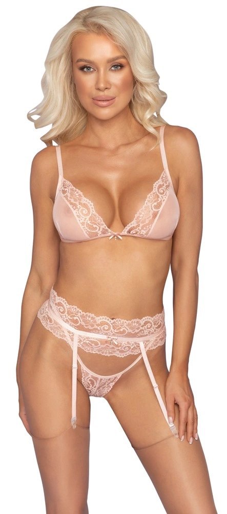 Kissable komplet z biustonoszem, pasem do pończoch i stringami L/XL rożowy