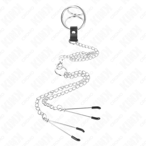 KINK Model 2 - Metalowy Pierścień Intymny z Łańcuszkiem i Zaciskami, 3,8/5 cm, Srebrny