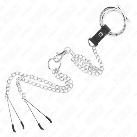 KINK Model 2 - Metalowy Pierścień Intymny z Łańcuszkiem i Zaciskami, 3,8/5 cm, Srebrny
