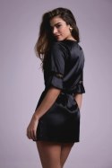 Sensuality Kimono krotki satynowy szlafrok z koronką czarny