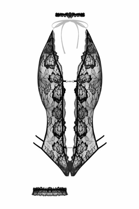 Renee Body Set Obsessive czarne, elastyczna koronka, otwarta konstrukcja