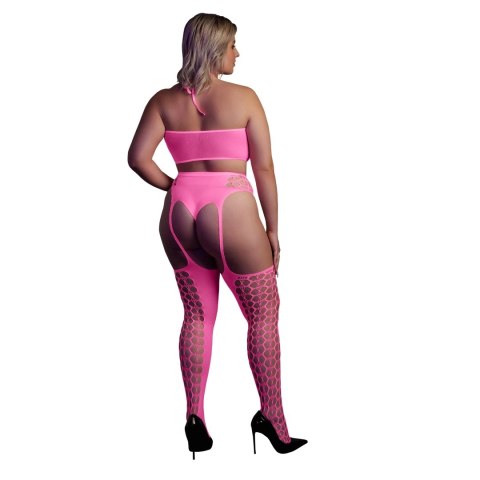 Ouch! Neon Body dwuczęściowe z topem i pończochami XL-XXXXL rożowe