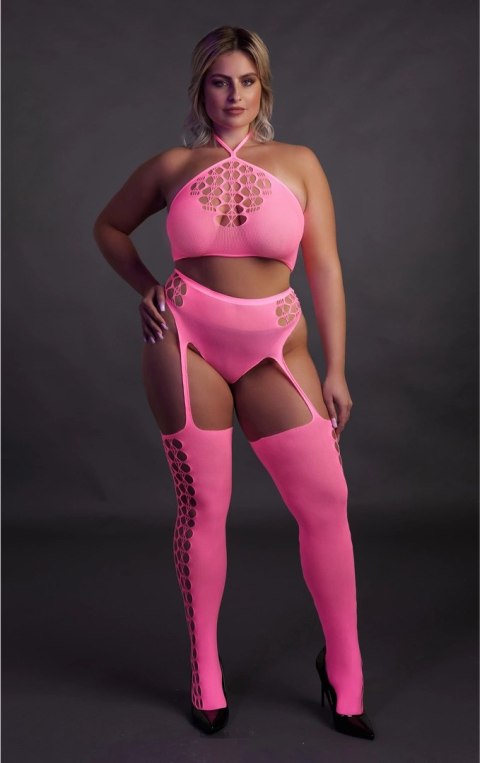 Ouch! Neon Body dwuczęściowe z topem i pończochami XL-XXXXL rożowe