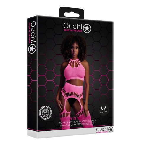 Ouch! Neon dwuczęściowy komplet top + pończochy XS/L, aktywowany UV